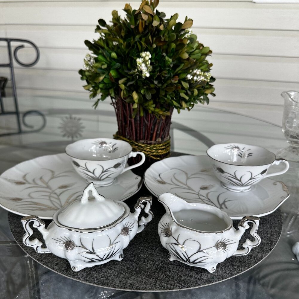 Lefton China Hand Painted Silver Wheat Sandwich Plate, Cup, Creamer & Sugar Set